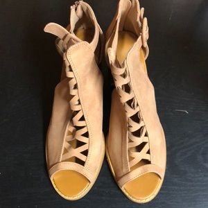 Open toes, ankle strap shoes, back zipper in suede